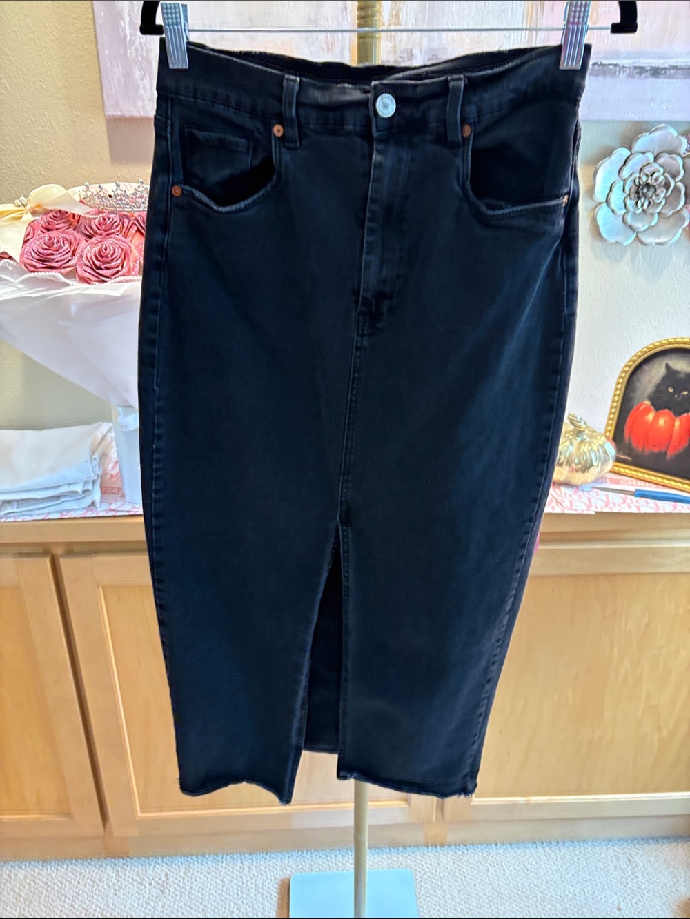Blank NYC High-Rise Black Denim Pencil Skirt with Front Slit